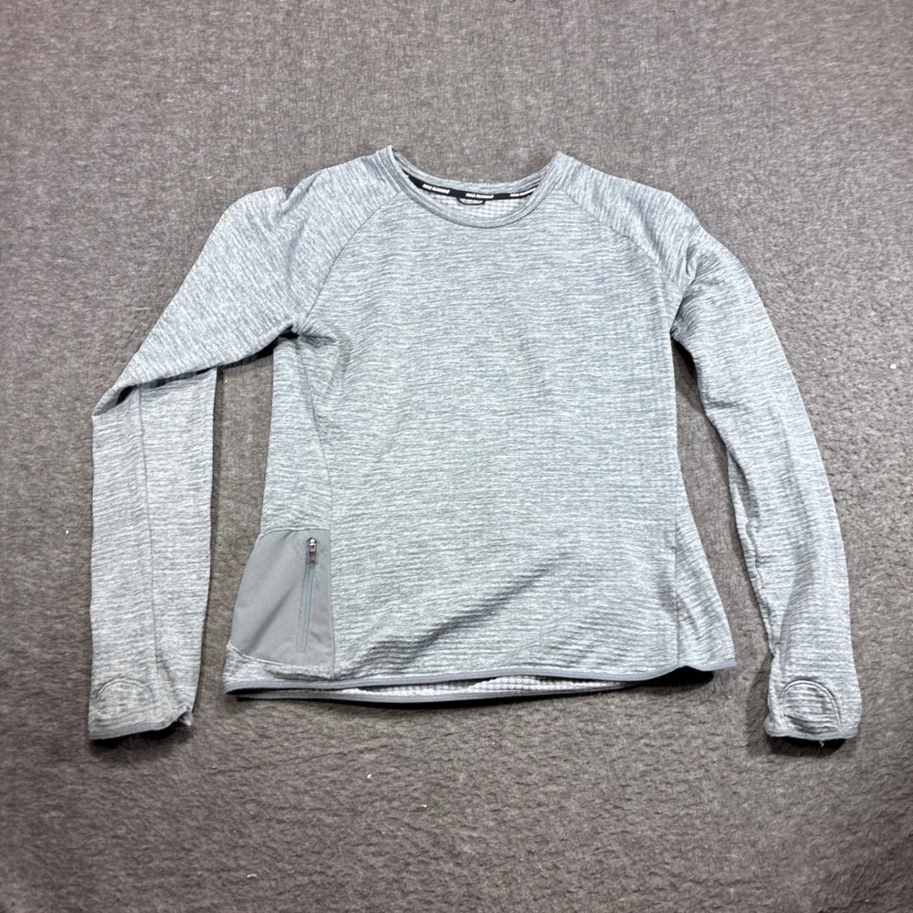 Nike‎ Running Top Womens Medium Gray Dri-Fit Long Sleeve Thumbhole Pockets
